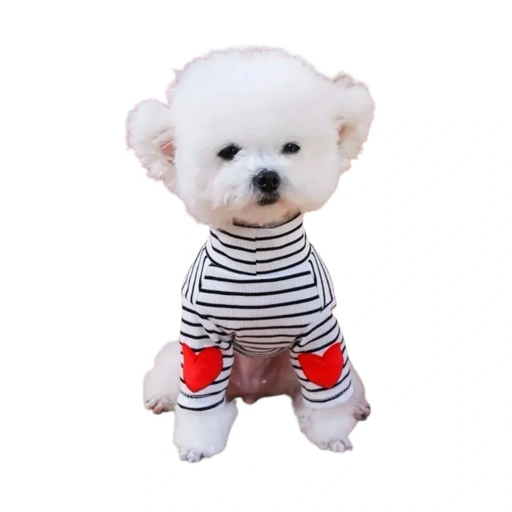 ADORABLE BLACK & WHITE STRIPE PULLOVER DOG SWEATER WITH RED HEART ACCENTS